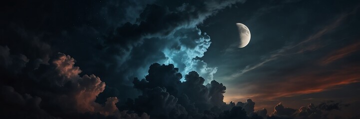colorful dramatic clouds in night sky with full moon from Generative AI