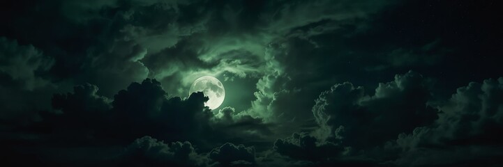 Obraz na płótnie Canvas green dramatic clouds in night sky with full moon from Generative AI