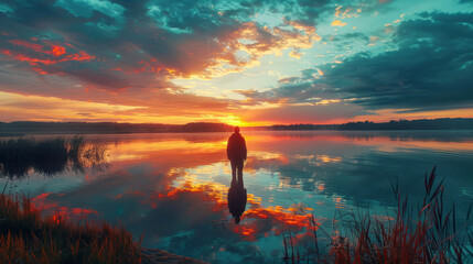 A serene lake reflecting the colors of a sunset sky, with a lone silhouette figure standing on the shore, gazing out contemplatively