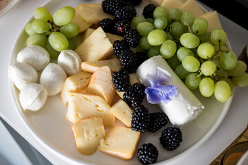 On a white shelf, a white ceramic plate holds an assortment of cream, gouda, mozzarella and hard cheese, blackberries and bunches of green grapes, decorated with a violet-blue pansy flower. 