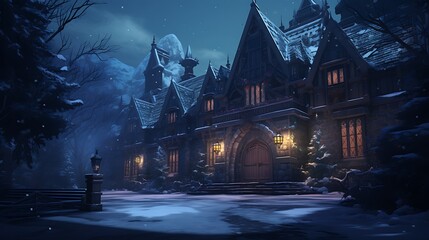 AI-generated adventurers exploring a winter-themed escape room, solving puzzles and deciphering clues to unlock the secrets of a mysterious snow-covered mansion and escape before time runs out - obrazy, fototapety, plakaty