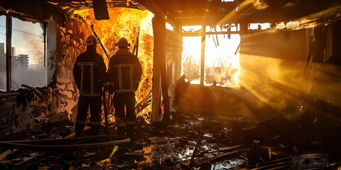 Arson Investigation: Fire Investigators Examining the Scene of a Fire. Fire Pattern Analysis and Cause Determination