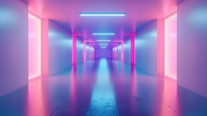 Futuristic colorful neon light toned background 3D room light abstract space technology tunnel stage floorwith bright light glowing at the end of the tunnel.