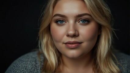 blonde plus size woman model confident smiling looking at camera on plain black background from Generative AI