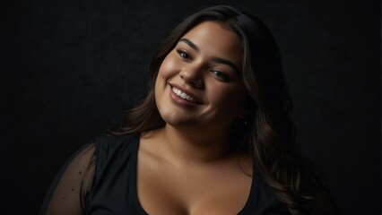 hispanic plus size woman model confident smiling looking at camera on plain black background from Generative AI