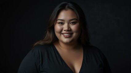 asian plus size woman model confident smiling looking at camera on plain black background from Generative AI