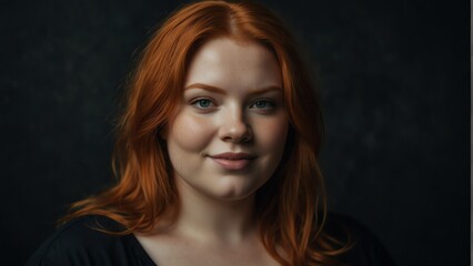 red head plus size woman model confident smiling looking at camera on plain black background from Generative AI