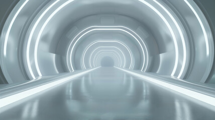 Futuristic neon light toned background 3D room light abstract space technology tunnel stage floorwith bright light glowing at the end of the tunnel.
