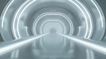Obraz premium Futuristic neon light toned background 3D room light abstract space technology tunnel stage floorwith bright light glowing at the end of the tunnel.