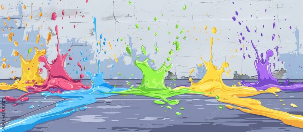 Poster cluster of colorful paint splatters close up on the floor, creating an artsy and dynamic pattern