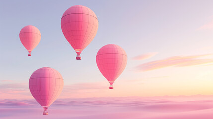 Several pink hot air balloons float in a soft pastel sky above a tranquil pink sand desert landscape at sunset.