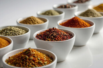 Close-up of small white bowls with different colorful seasonings on a white background, advertising photo. Fragrant spices, cooking ingredients, spicy food.