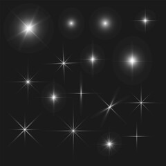 Light sparkle/ Set of shining stars. Magic elements for decoration, shining stars, night sky. Vector elements - obrazy, fototapety, plakaty