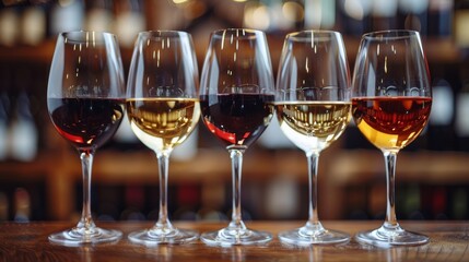 Row of Wine Glasses on Wooden Table - obrazy, fototapety, plakaty