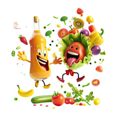 Colorful cartoon salad dancing happily while a playful bottle tries to catch up in a vibrant kitchen scene