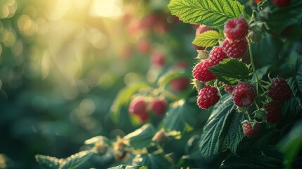 Raspberries Growing on Bush With Sun Background