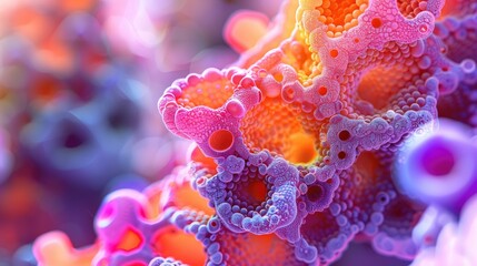 Close-up of a colorful abstract representation of human cell structures, soft tones, fine details, high resolution, high detail, 32K Ultra HD, copyspace