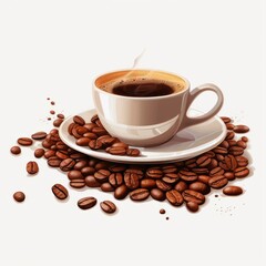 Fototapeta premium Aromatic espresso in a white cup, surrounded by scattered coffee beans, ideal for cafe menus and beverage advertising.