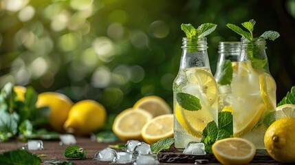 Fototapeta premium Refreshing lemon and mint drinks with ice cubes on a rustic table, set against a soft green background