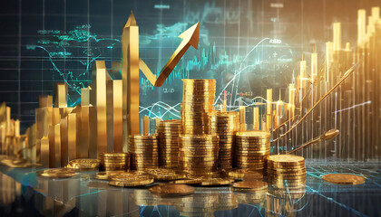 Gold trade chart stock analysis on growth financial business money market 3d background with profit investment exchange graph data concept and global economy currency diagram price marketing research