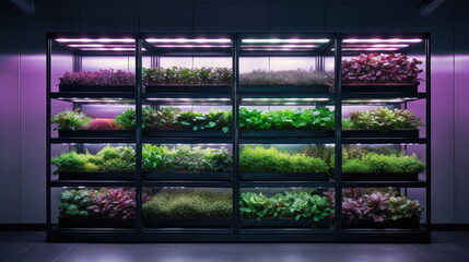 Professional greenhouse with many shelves for growing microgreens with lighting, minimalism