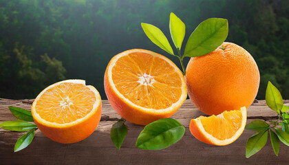 Set Orange with sliced and bright colors green leaves Clipping Path