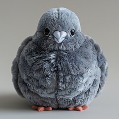 A cute pigeon plush toy on a white background emanating an aura of sweetness and innocence. Soft plush gray pigeon with a friendly expression.
