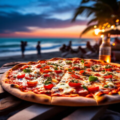 freshly made pizza on party background in blurred beach, evening