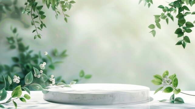 background podium product platform for nature beauty cosmetic stage scene. Abstract rock podium pedestal mockup with green leaf shadow. Photography showcase fresh banner.