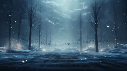 AI-generated composers creating a winter-themed symphony, incorporating sounds of snow crunching, ice cracking, and wind howling to evoke the sensory experience of winter in a musical masterpiece - obrazy, fototapety, plakaty