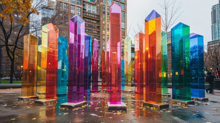 An interactive art installation in a public square, featuring colorful sculptures or displays that celebrate LGBTQ+ identity and history - obrazy, fototapety, plakaty
