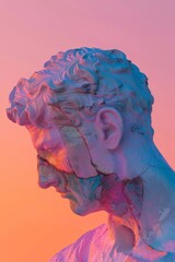 Plaster head sculpture with vibrant pink and blue neon lighting on a peach background.