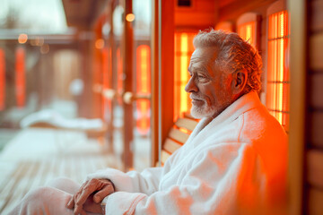 A senior man enjoying spa day in the warm of an infrared sauna, . Concept: health maintenance, aging gracefully, therapeutic warmth