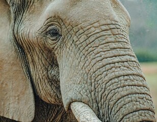 close up of an elephant, close-up photo of an elephant with white tusks