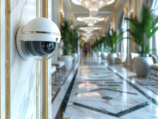 Caméra de sécurité, dispositif de surveillance avec alarme placé dans un hall d'hôtel luxueux, image 3D - obrazy, fototapety, plakaty