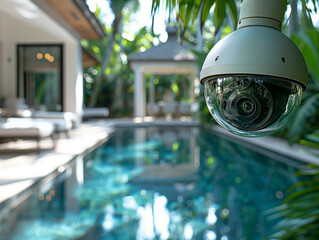 Caméra de sécurité, dispositif de surveillance avec alarme placé devant la piscine d'une villa luxueuse, image 3D