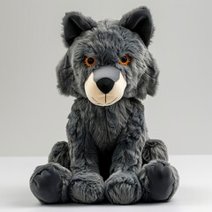 A cute wolf plush toy on a white background emanating an aura of sweetness and innocence. Soft plush wolf with a friendly expression.