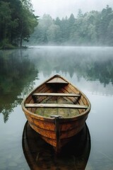 Rowboat, Old wooden rowboat on a serene misty lake