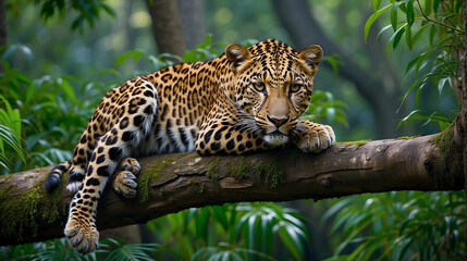 A beautiful Jaguar lying on a tree branch.