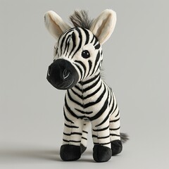 Fototapeta premium A cute zebra plush toy on a white background emanating an aura of sweetness and innocence. Soft plush zebra with a friendly expression.