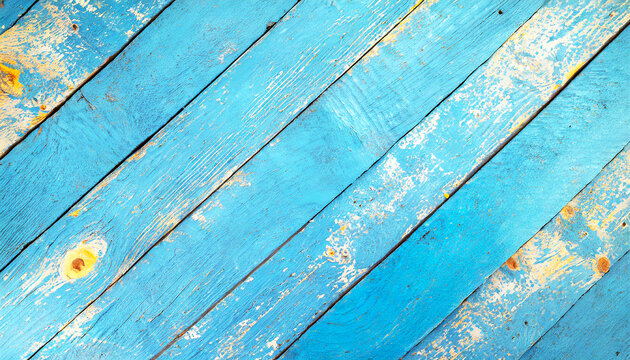 shabby wooden boards painted blue. Old grunge wood plank texture background. Mockup background with plants and leaves in forest with empty space for text. Generative AI