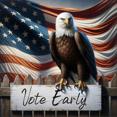 A majestic bald eagle perched on a wooden fence with a "Vote Early" sign and a wavy American flag background
