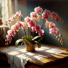 A cascading pink orchids blossoming plant in a woven basket sits gracefully on a wooden table adorned with a lace-edged cloth