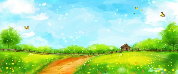 A beautiful spring landscape with green meadows, yellow wildflowers and butterflies flying around the small wooden house in the distance, Anime Background Images