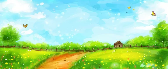 Meubelstickers A beautiful spring landscape with green meadows, yellow wildflowers and butterflies flying around the small wooden house in the distance, Anime Background Images © NIA4u