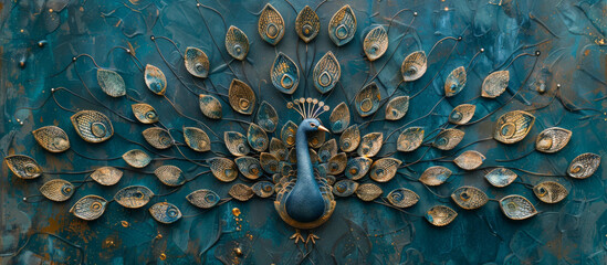 Peacock on the wall of a temple in Bangkok, Thailand
