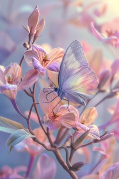 Beautiful butterfly perched on a flowering branch in a serene natural setting
