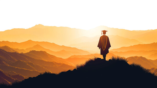 A graduates silhouette filled with the golden hues of a sunrise amidst mountains depicting the ascent to new heights in life