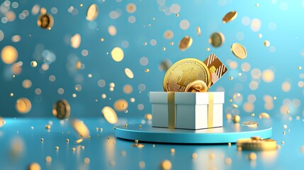 A 3D gift box coupon for sales features gold coins and a credit card in the box, set against a 3D podium and blue light background, serving as a cashback template design with a coupon code promotion