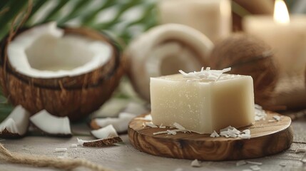 Fototapeta na wymiar Coconut Soap, Handmade coconut soap on a spa-like, tranquil setting